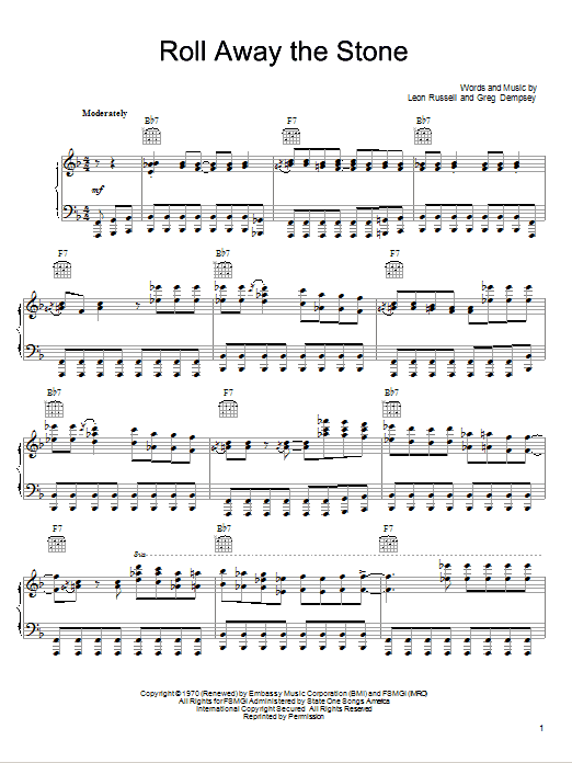 Leon Russell Roll Away The Stone Sheet Music Notes & Chords for Piano, Vocal & Guitar (Right-Hand Melody) - Download or Print PDF
