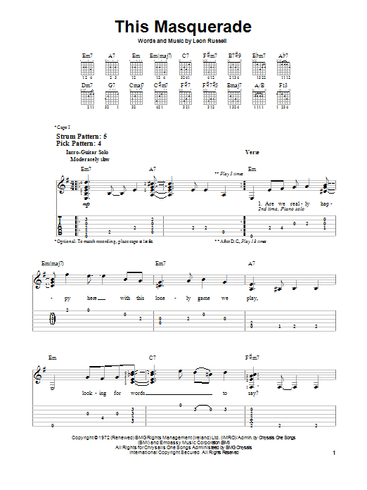Leon Russell This Masquerade Sheet Music Notes & Chords for Easy Guitar Tab - Download or Print PDF