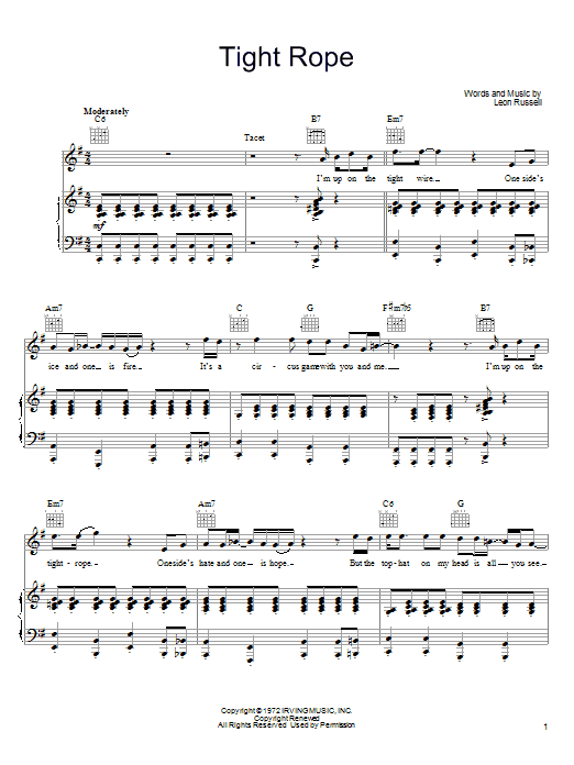 Leon Russell Tight Rope Sheet Music Notes & Chords for Piano, Vocal & Guitar (Right-Hand Melody) - Download or Print PDF