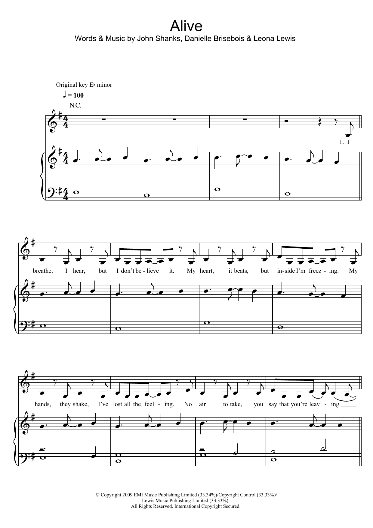 Leona Lewis Alive Sheet Music Notes & Chords for Piano, Vocal & Guitar - Download or Print PDF