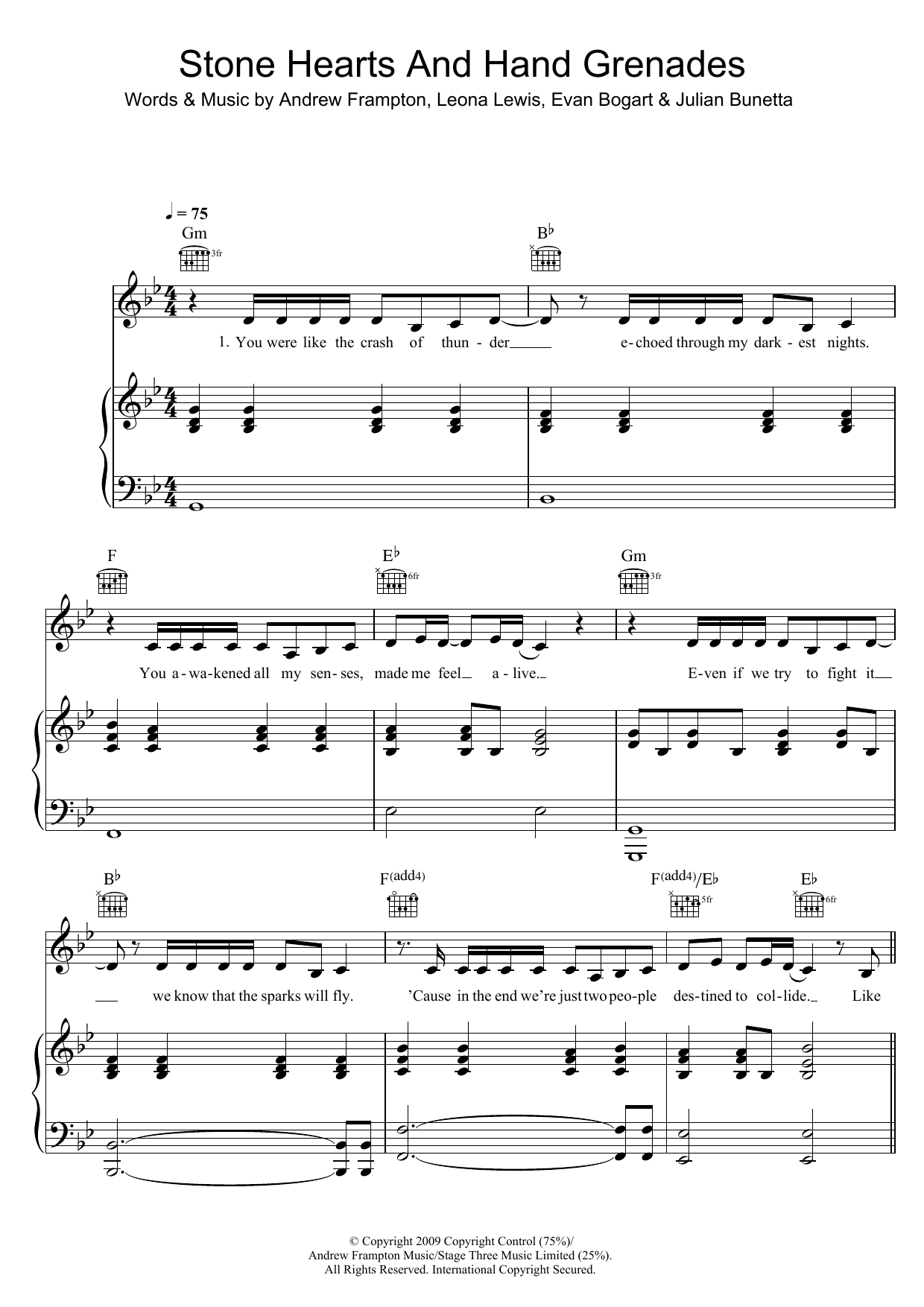 Leona Lewis Stone Hearts And Hand Grenades Sheet Music Notes & Chords for Piano, Vocal & Guitar - Download or Print PDF