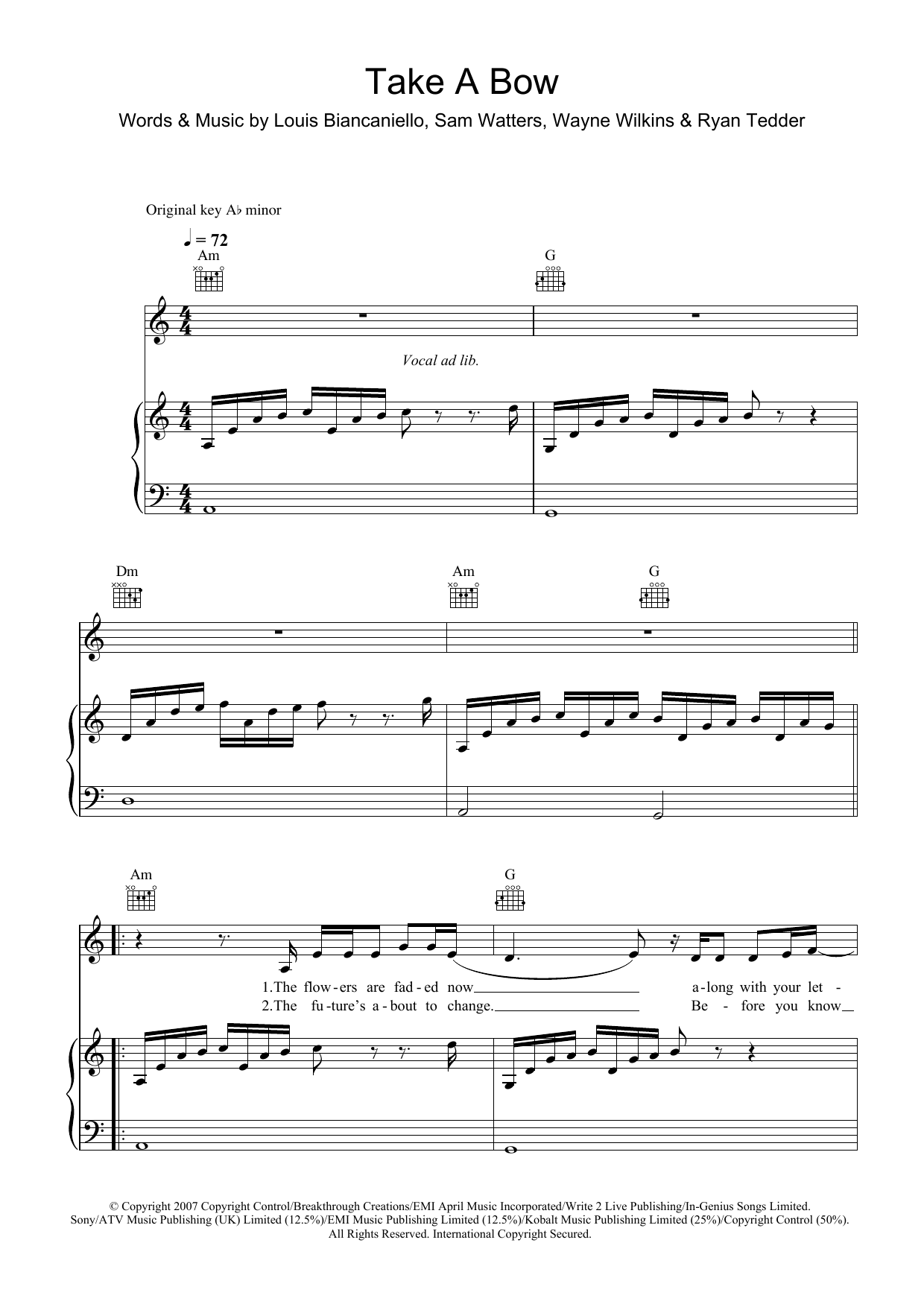 Leona Lewis Take A Bow Sheet Music Notes & Chords for Piano, Vocal & Guitar (Right-Hand Melody) - Download or Print PDF