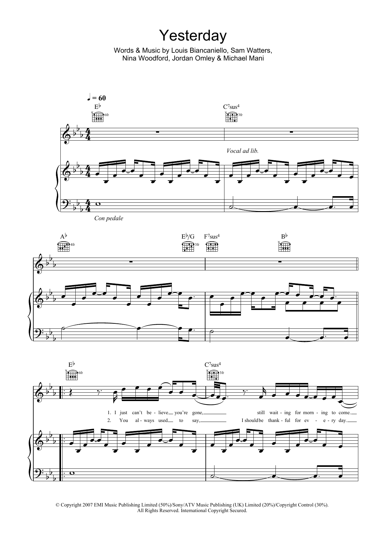 Leona Lewis Yesterday Sheet Music Notes & Chords for Piano, Vocal & Guitar - Download or Print PDF