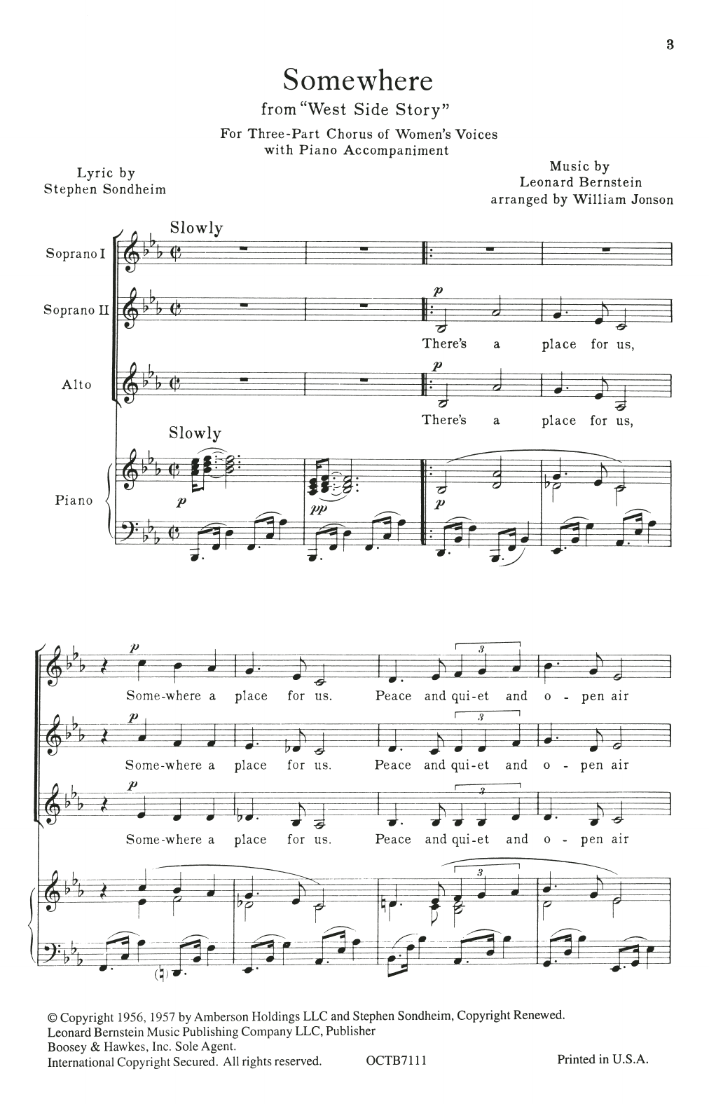 Leonard Bernstein & Stephen Sondheim Somewhere (from West Side Story) (arr. William Jonson) Sheet Music Notes & Chords for SSA Choir - Download or Print PDF