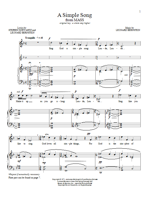 Leonard Bernstein A Simple Song Sheet Music Notes & Chords for Piano & Vocal - Download or Print PDF Leonard Bernstein A Simple Song Sheet Music Notes & Chords for Piano & Vocal - Download or Print PDF