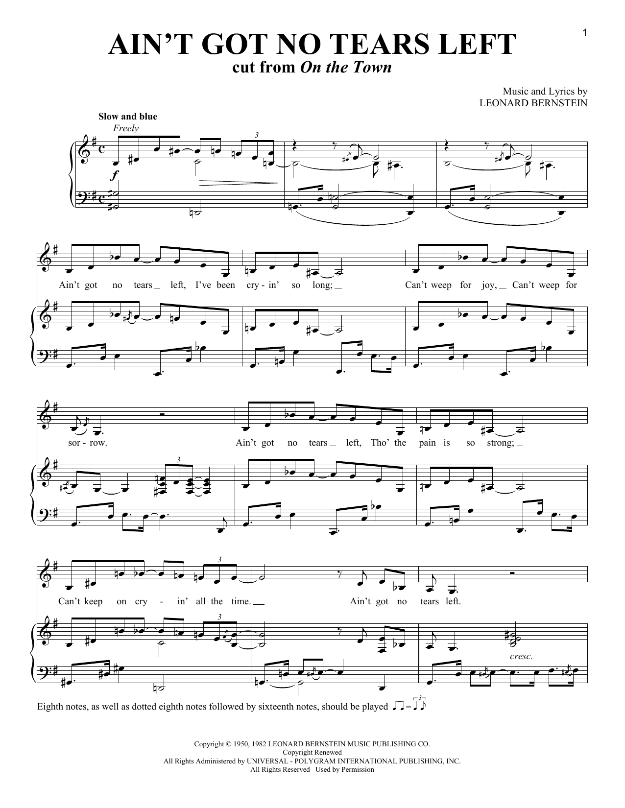 Leonard Bernstein Ain't Got No Tears Left (from On the Town) Sheet Music Notes & Chords for Piano & Vocal - Download or Print PDF