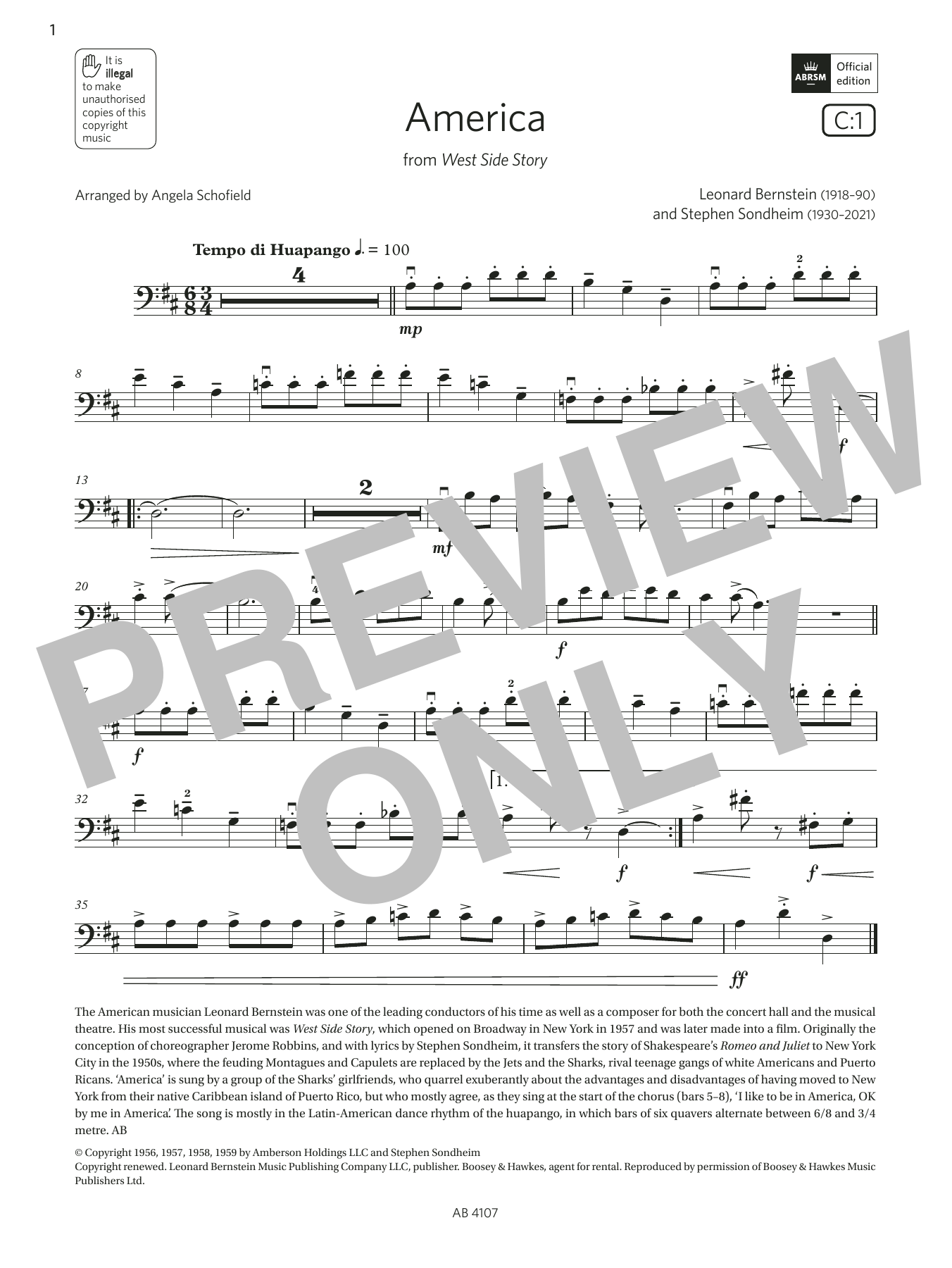 Leonard Bernstein America (Grade 4, C1, from the ABRSM Cello Syllabus from 2024) Sheet Music Notes & Chords for Cello Solo - Download or Print PDF