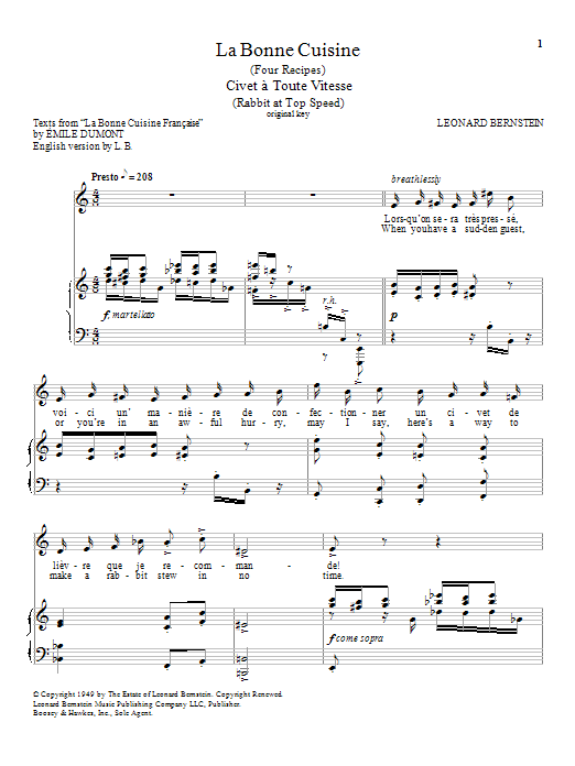 Leonard Bernstein Civet A Toute Vitesse (Rabbit At Top Speed) Sheet Music Notes & Chords for Piano & Vocal - Download or Print PDF Leonard Bernstein Civet A Toute Vitesse (Rabbit At Top Speed) Sheet Music Notes & Chords for Piano & Vocal - Download or Print PDF