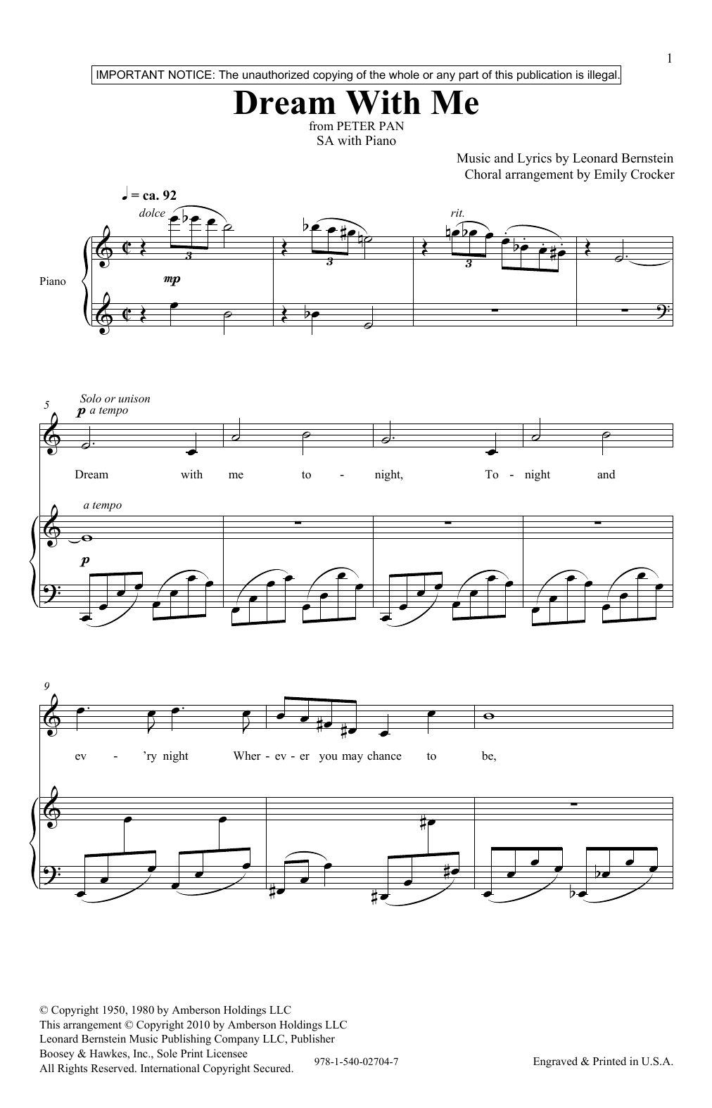 Leonard Bernstein Dream With Me (from Peter Pan Suite) (arr. Emily Crocker) Sheet Music Notes & Chords for Choir - Download or Print PDF
