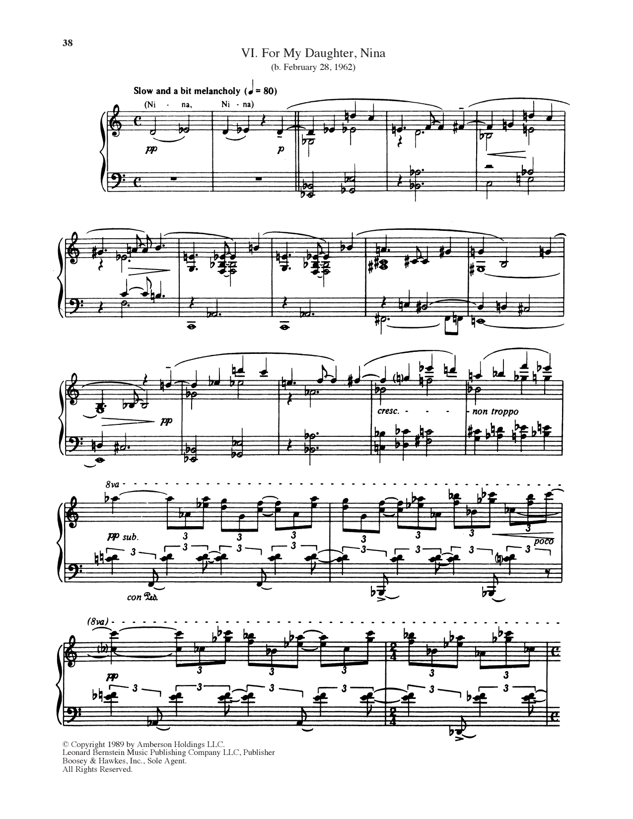 Leonard Bernstein For My Daughter, Nina Sheet Music Notes & Chords for Piano Solo - Download or Print PDF