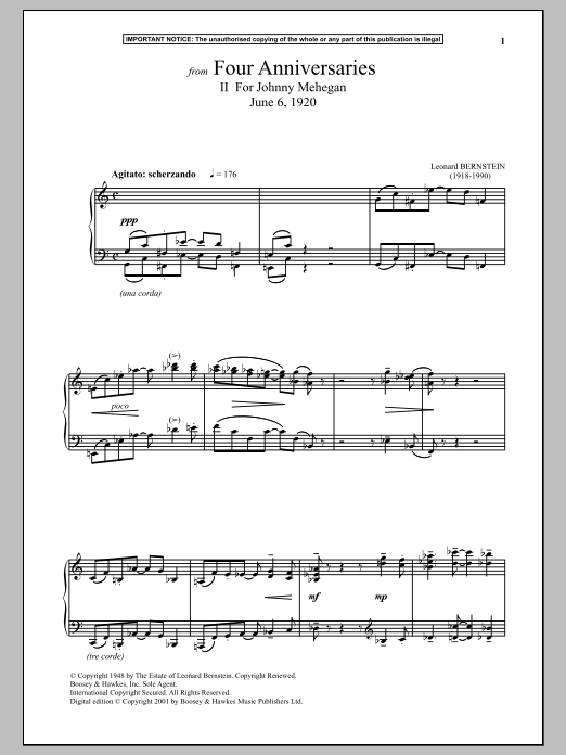 Leonard Bernstein Four Anniversaries, II. For Johnny Mehegan, June 6, 1920 Sheet Music Notes & Chords for Piano - Download or Print PDF