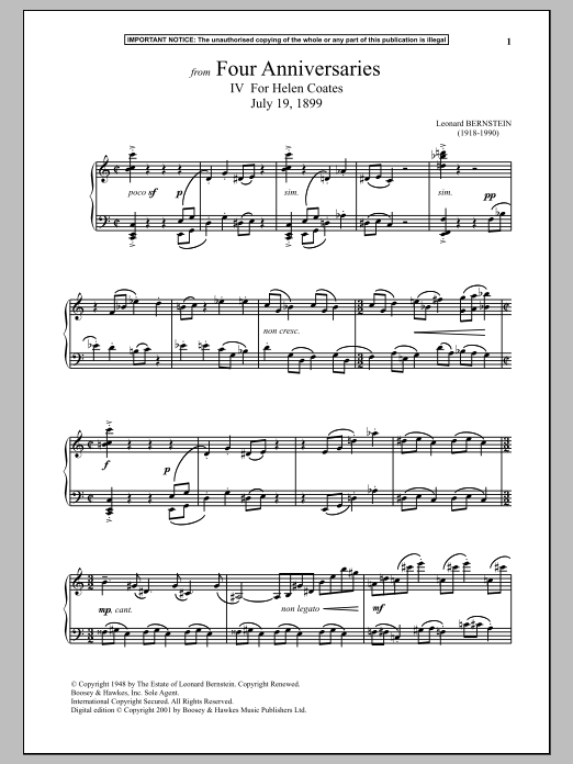 Leonard Bernstein Four Anniversaries, IV. For Helen Coates, July 19, 1899 Sheet Music Notes & Chords for Piano - Download or Print PDF Leonard Bernstein Four Anniversaries, IV. For Helen Coates, July 19, 1899 Sheet Music Notes & Chords for Piano - Download or Print PDF