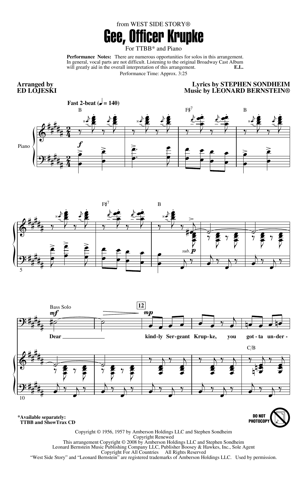 Leonard Bernstein Gee, Officer Krupke (from West Side Story) (arr. Ed Lojeski) Sheet Music Notes & Chords for TTBB Choir - Download or Print PDF