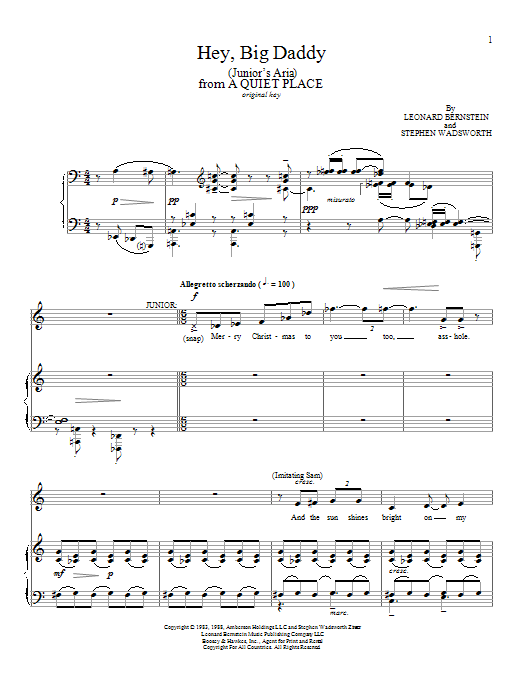 Leonard Bernstein Hey, Big Daddy (Junior's Aria) Sheet Music Notes & Chords for Piano & Vocal - Download or Print PDF Leonard Bernstein Hey, Big Daddy (Junior's Aria) Sheet Music Notes & Chords for Piano & Vocal - Download or Print PDF