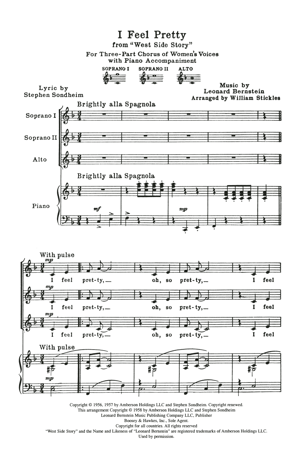 Leonard Bernstein I Feel Pretty (from West Side Story) (arr. William Stickles) Sheet Music Notes & Chords for SSA Choir - Download or Print PDF
