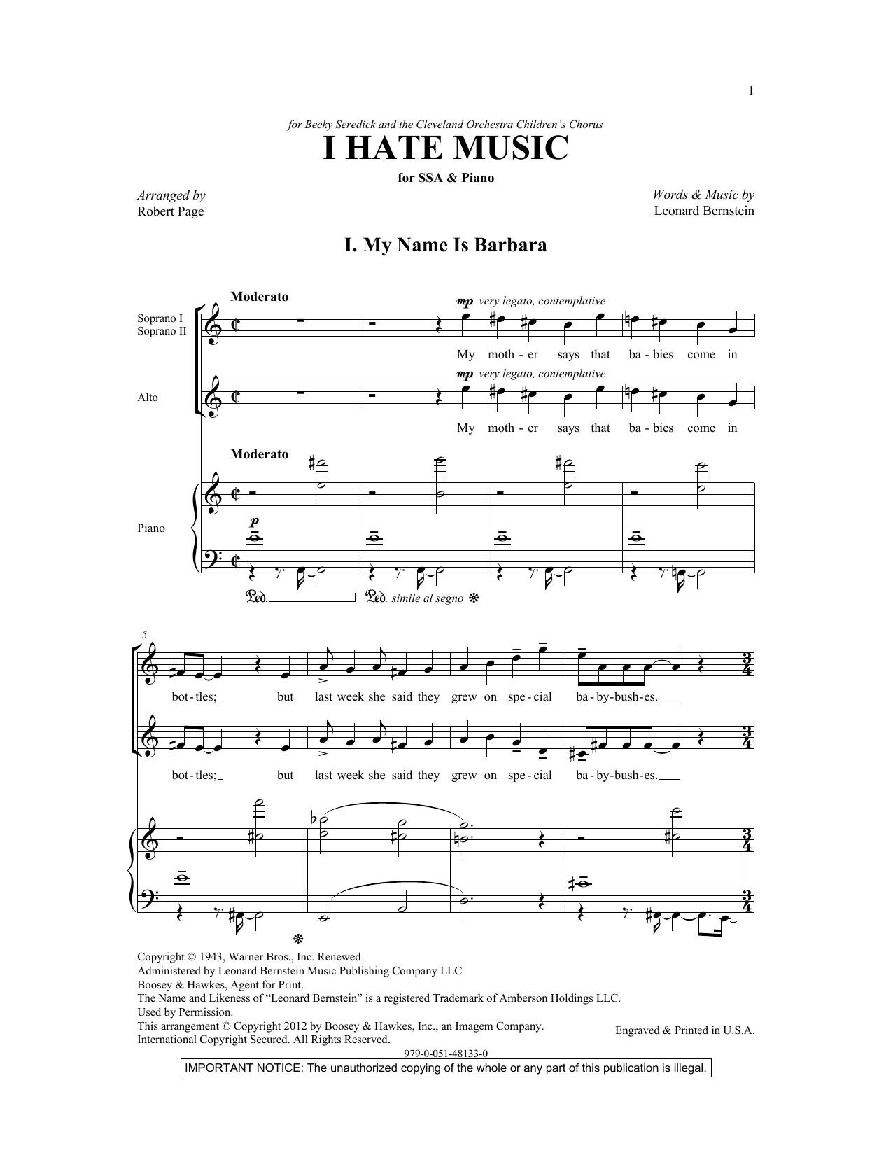 Leonard Bernstein I Hate Music (arr. Robert Page) Sheet Music Notes & Chords for SSA - Download or Print PDF