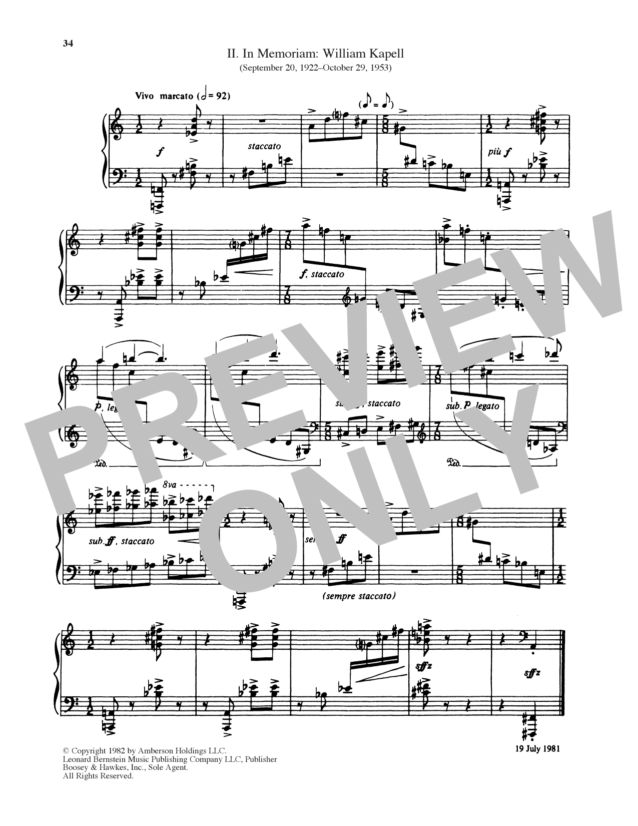 Leonard Bernstein In Memoriam: William Kapell Sheet Music Notes & Chords for Piano Solo - Download or Print PDF