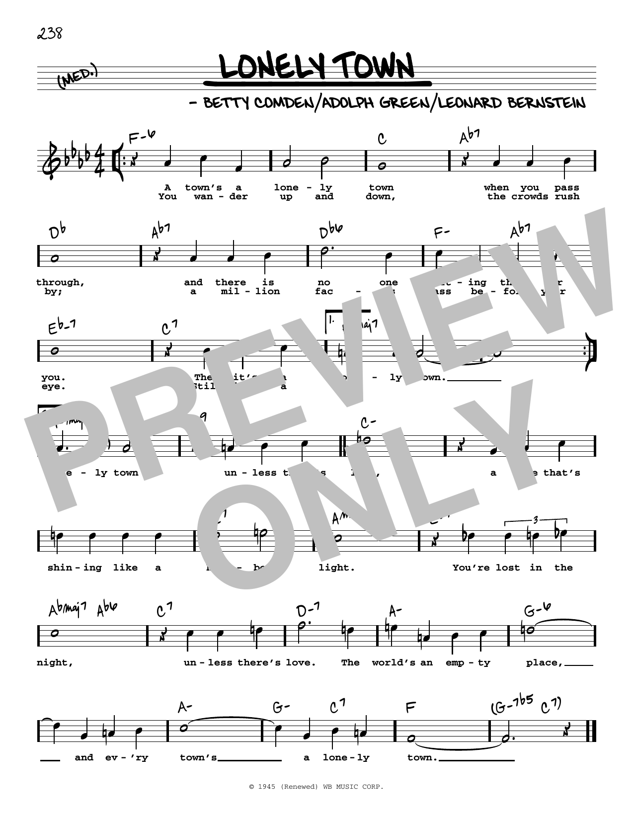 Leonard Bernstein Lonely Town (High Voice) (from On The Town) Sheet Music Notes & Chords for Real Book – Melody, Lyrics & Chords - Download or Print PDF