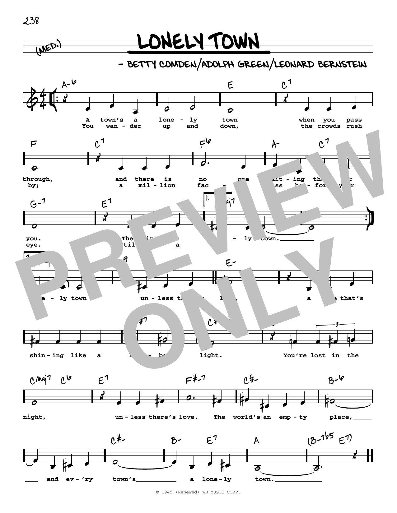 Leonard Bernstein Lonely Town (Low Voice) Sheet Music Notes & Chords for Real Book – Melody, Lyrics & Chords - Download or Print PDF