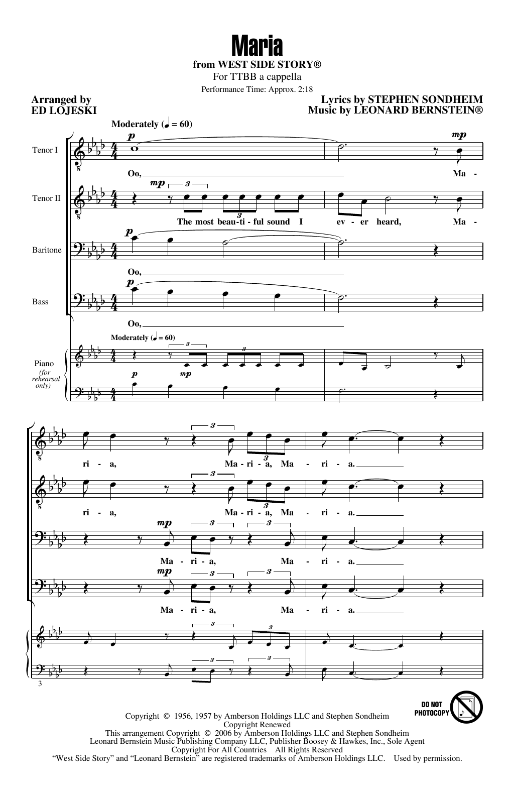 Leonard Bernstein Maria (from West Side Story) (arr. Ed Lojeski) Sheet Music Notes & Chords for TTBB Choir - Download or Print PDF