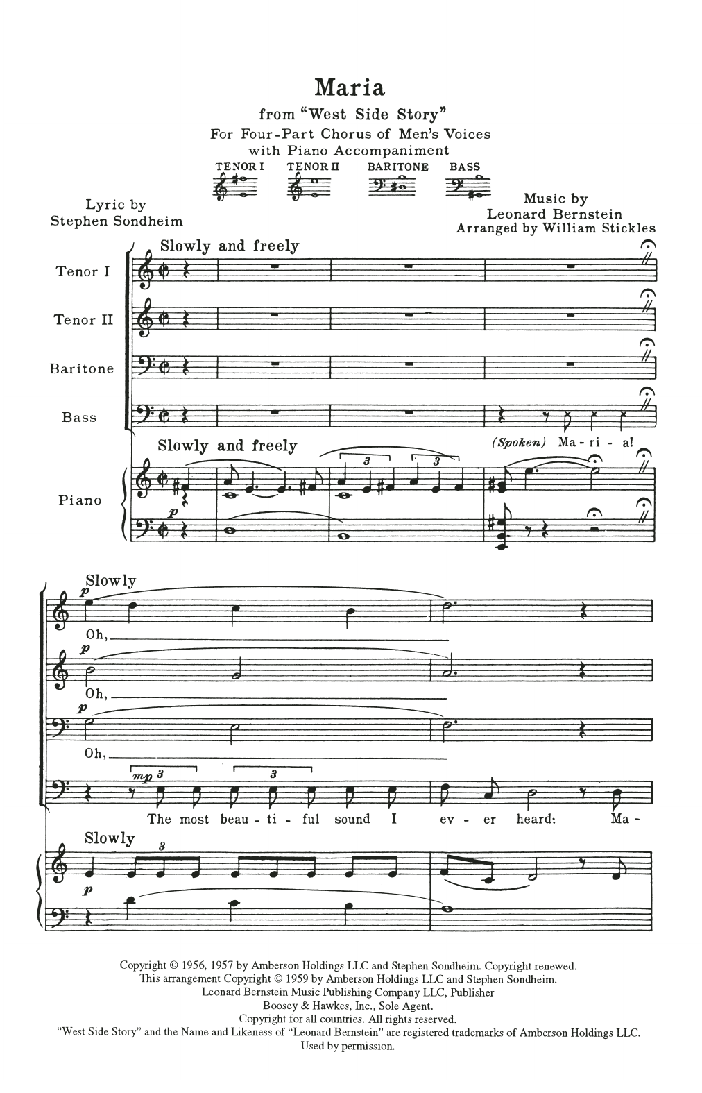 Leonard Bernstein Maria (from West Side Story) (arr. William Stickles) Sheet Music Notes & Chords for TTBB Choir - Download or Print PDF