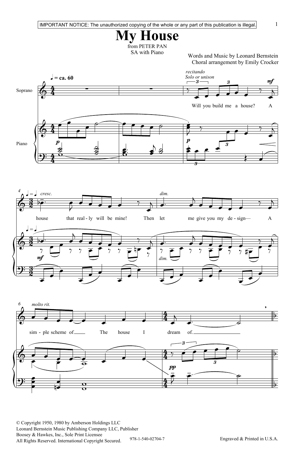 Leonard Bernstein My House (from Peter Pan Suite) (arr. Emily Crocker) Sheet Music Notes & Chords for Choir - Download or Print PDF