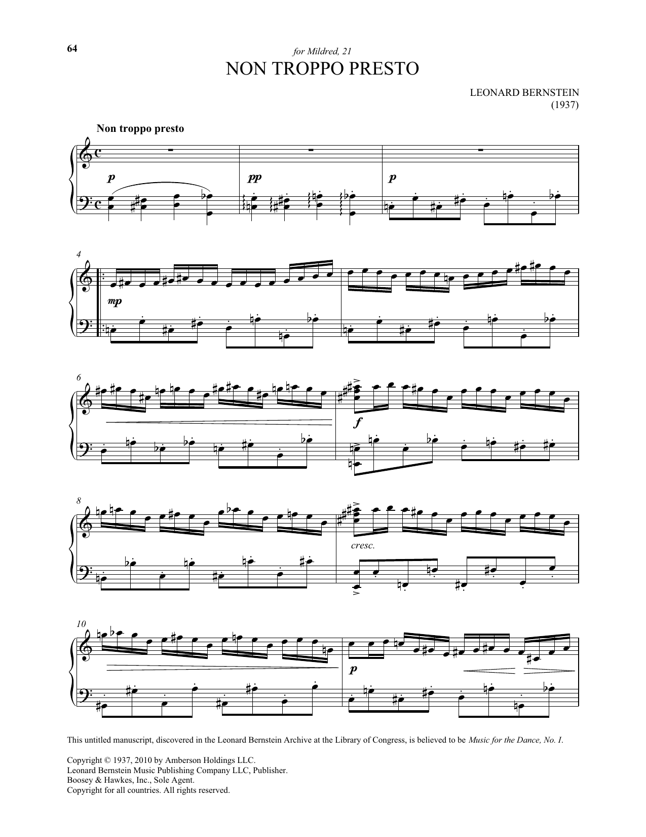 Leonard Bernstein Non Troppo Presto Sheet Music Notes & Chords for Piano Solo - Download or Print PDF