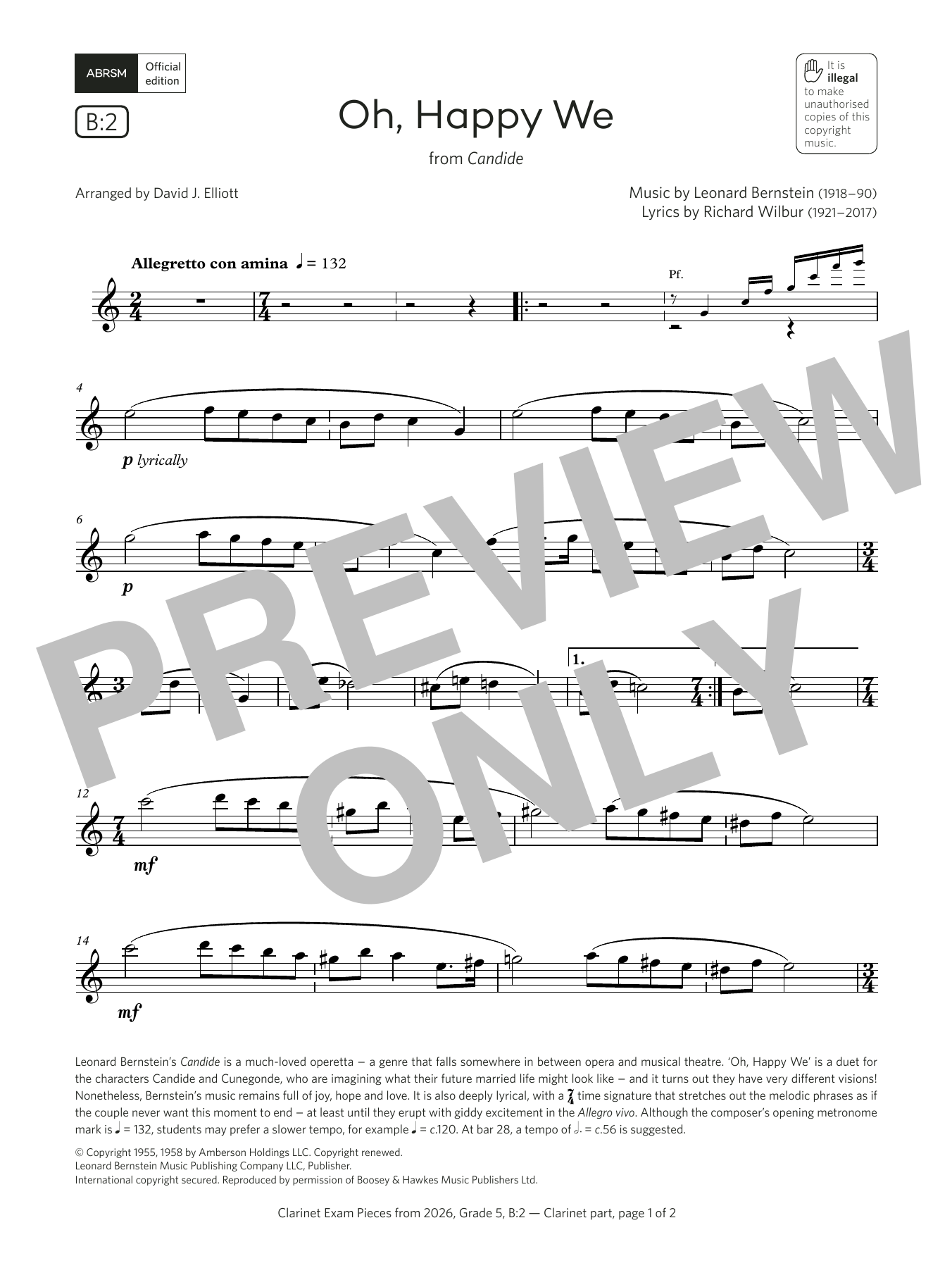 Leonard Bernstein Oh, Happy We (Grade 5, list B2, from the ABRSM Clarinet Syllabus from 2026) Sheet Music Notes & Chords for Clarinet Solo - Download or Print PDF Leonard Bernstein Oh, Happy We (Grade 5, list B2, from the ABRSM Clarinet Syllabus from 2026) Sheet Music Notes & Chords for Clarinet Solo - Download or Print PDF