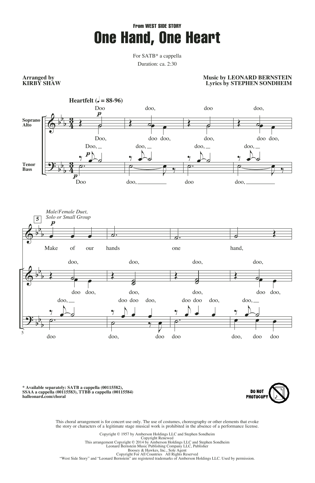 Leonard Bernstein One Hand, One Heart (from West Side Story) (arr. Kirby Shaw) Sheet Music Notes & Chords for SSAA Choir - Download or Print PDF