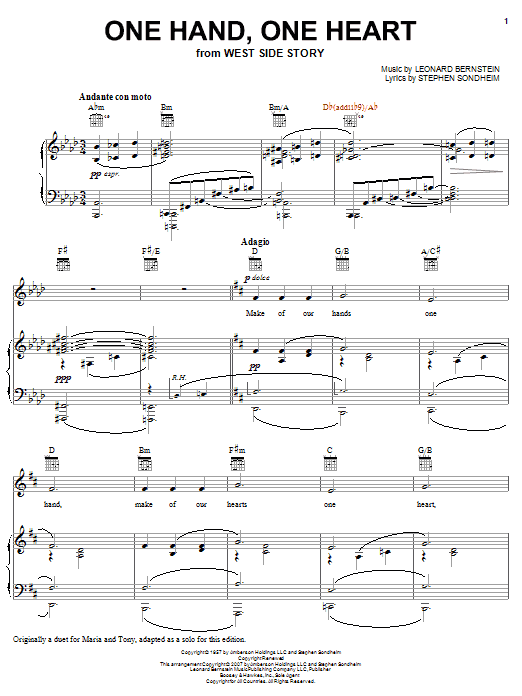 Leonard Bernstein One Hand, One Heart (from West Side Story) Sheet Music Notes & Chords for Piano, Vocal & Guitar (Right-Hand Melody) - Download or Print PDF