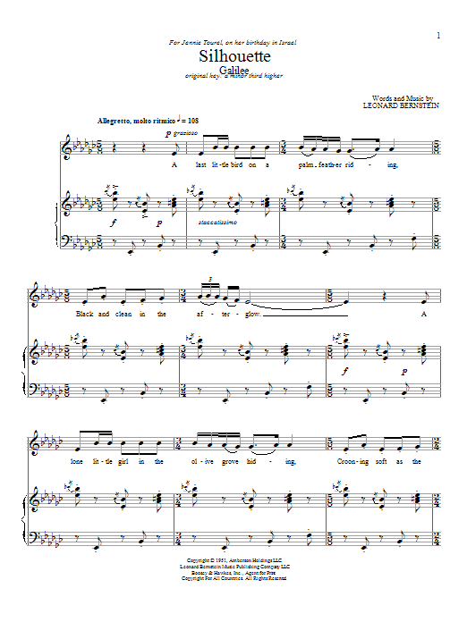 Leonard Bernstein Silhouette (Galilee) Sheet Music Notes & Chords for Piano & Vocal - Download or Print PDF Leonard Bernstein Silhouette (Galilee) Sheet Music Notes & Chords for Piano & Vocal - Download or Print PDF