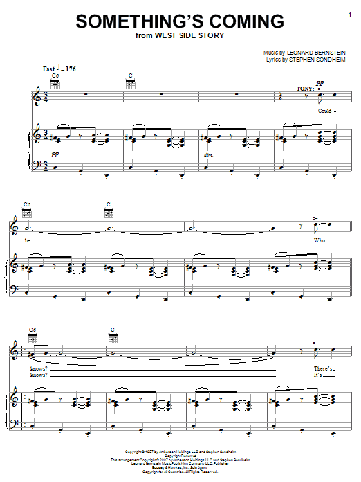 Leonard Bernstein Something's Coming (from West Side Story) Sheet Music Notes & Chords for Piano, Vocal & Guitar (Right-Hand Melody) - Download or Print PDF
