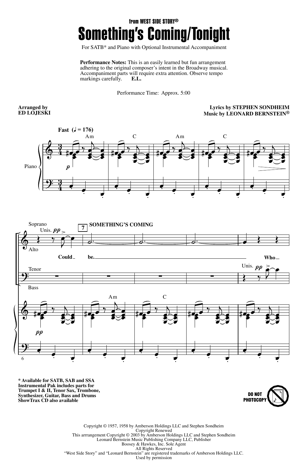 Leonard Bernstein Something's Coming/Tonight (from West Side Story) (arr. Ed Lojeski) Sheet Music Notes & Chords for SAB Choir - Download or Print PDF