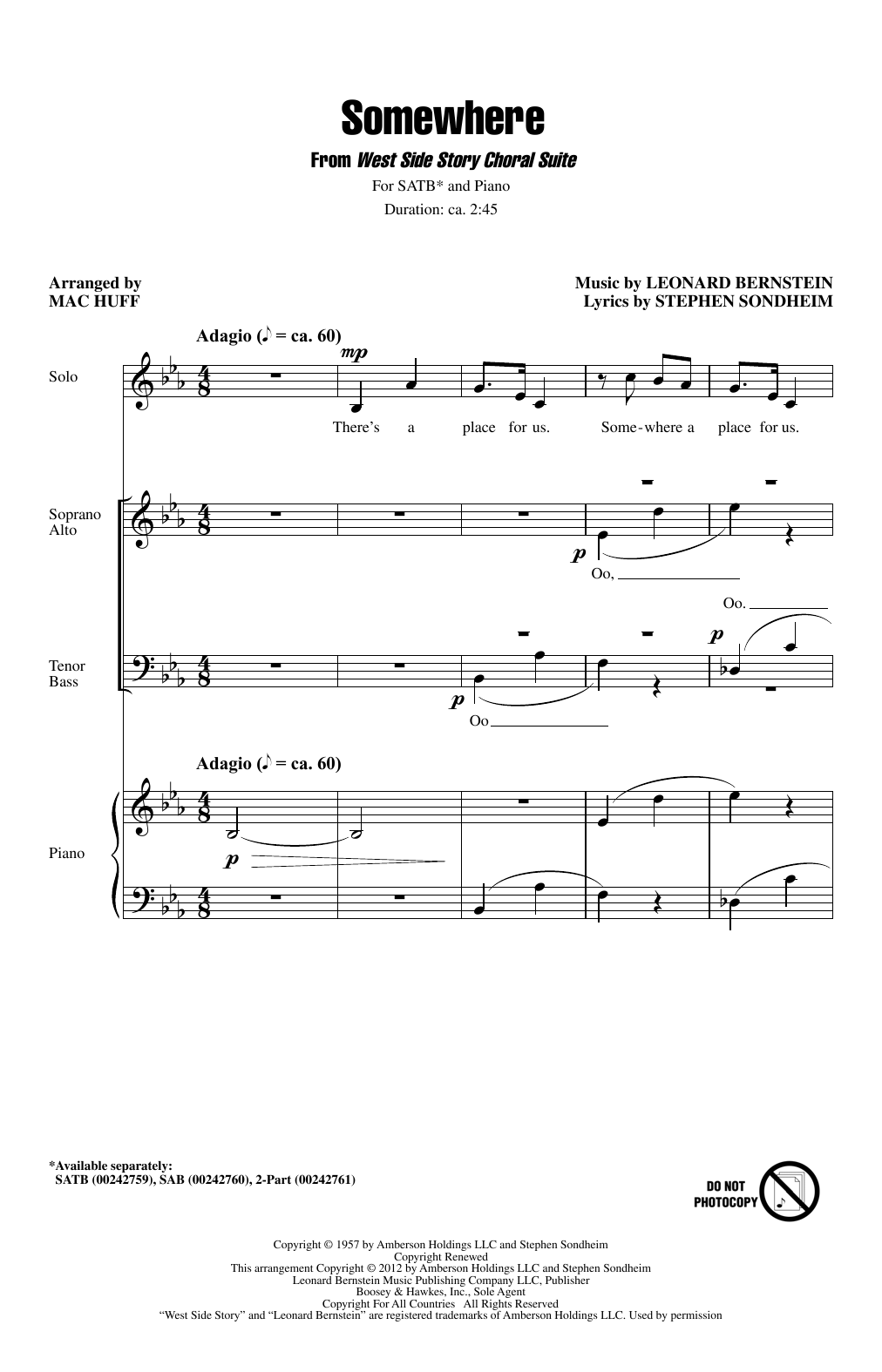 Leonard Bernstein Somewhere (from West Side Story) (arr. Mac Huff) Sheet Music Notes & Chords for SATB - Download or Print PDF