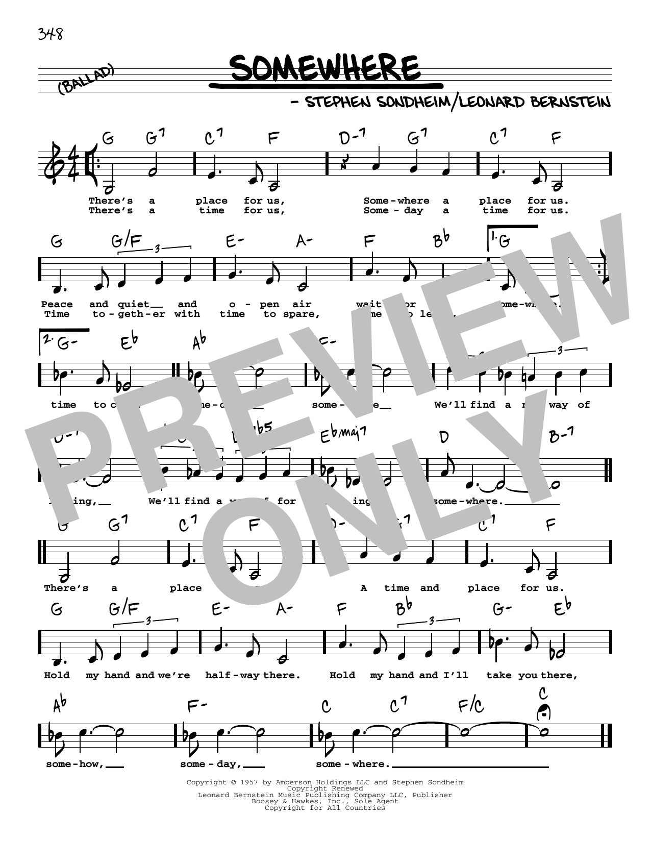 Leonard Bernstein Somewhere (from West Side Story) (Low Voice) Sheet Music Notes & Chords for Real Book – Melody, Lyrics & Chords - Download or Print PDF