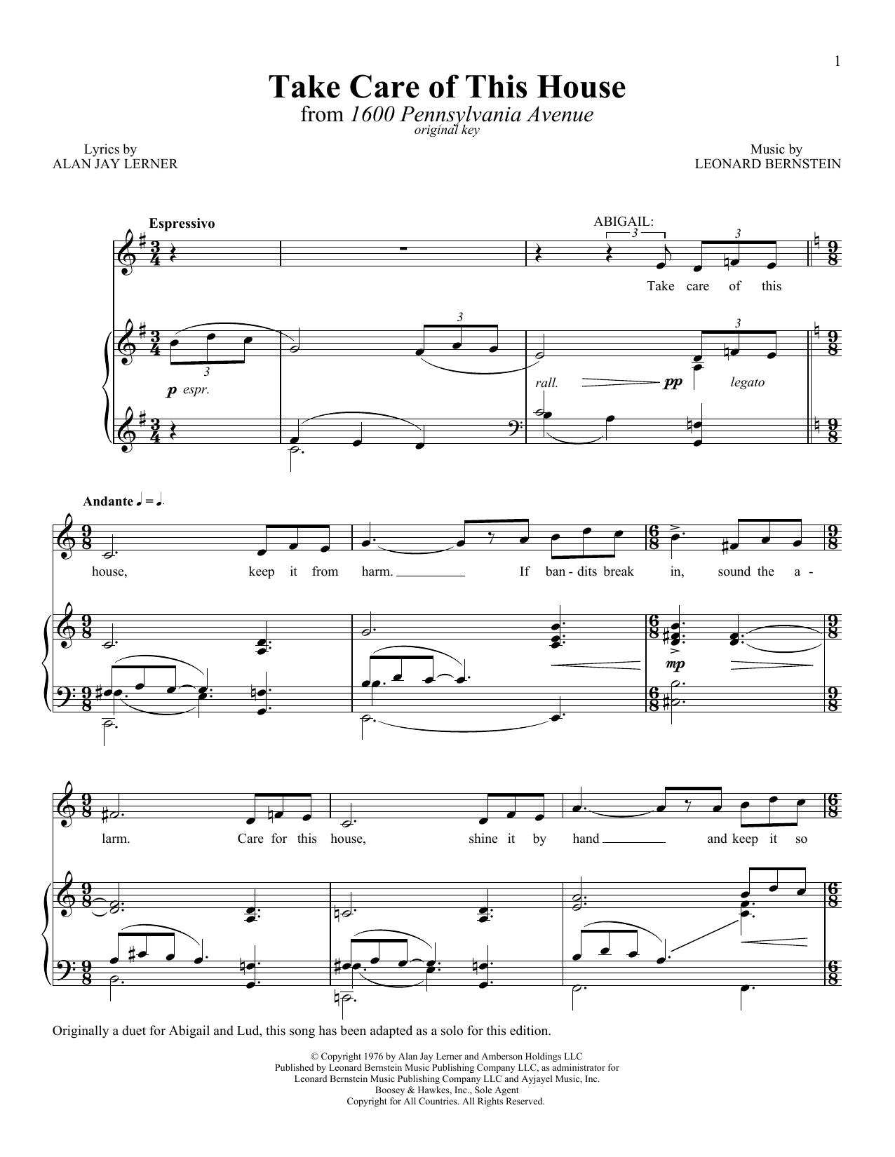 Leonard Bernstein Take Care Of This House Sheet Music Notes & Chords for Piano - Download or Print PDF