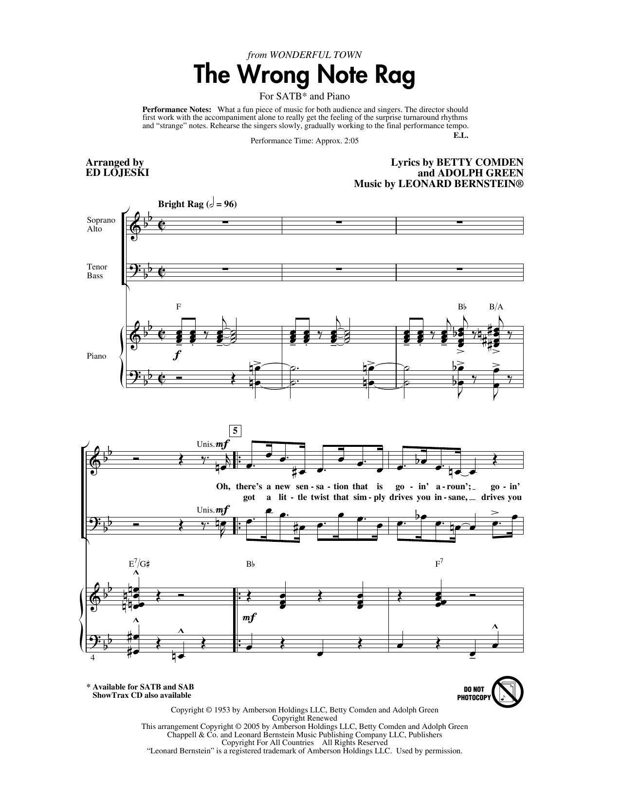 Leonard Bernstein The Wrong Note Rag (from Wonderful Town) (arr. Ed Lojeski) Sheet Music Notes & Chords for SAB Choir - Download or Print PDF