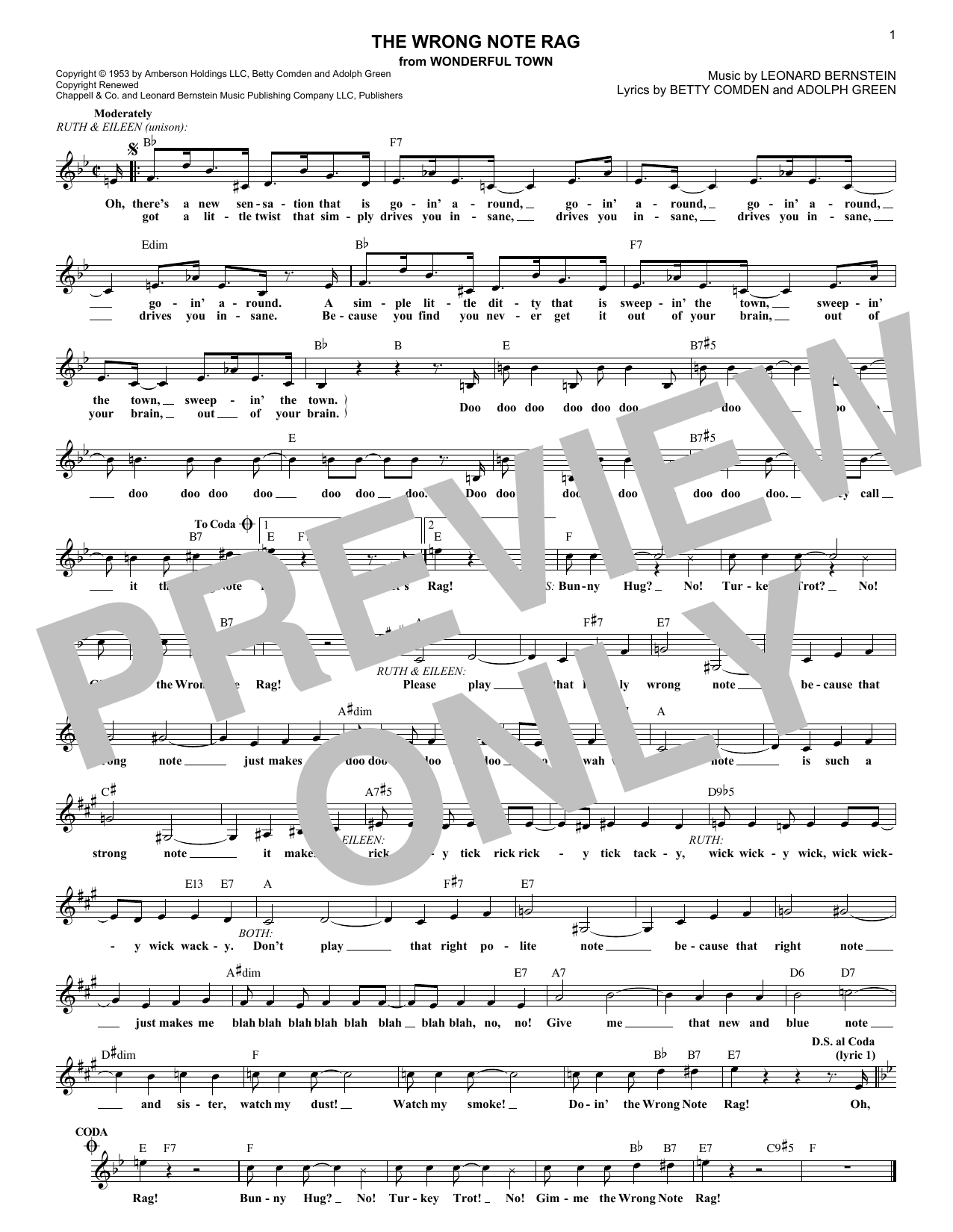 Leonard Bernstein The Wrong Note Rag (from Wonderful Town) Sheet Music Notes & Chords for Lead Sheet / Fake Book - Download or Print PDF