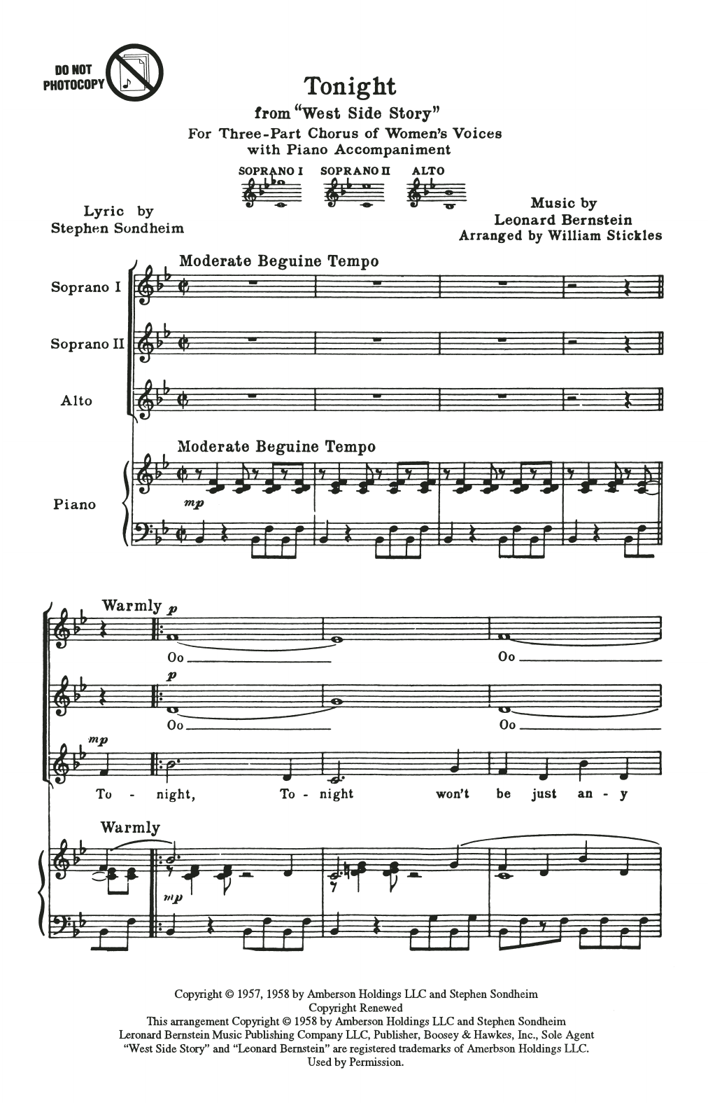 Leonard Bernstein Tonight (from West Side Story) (arr. William Stickles) Sheet Music Notes & Chords for SSA Choir - Download or Print PDF