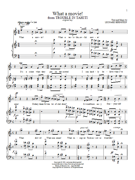 Leonard Bernstein What A Movie! Sheet Music Notes & Chords for Piano & Vocal - Download or Print PDF Leonard Bernstein What A Movie! Sheet Music Notes & Chords for Piano & Vocal - Download or Print PDF
