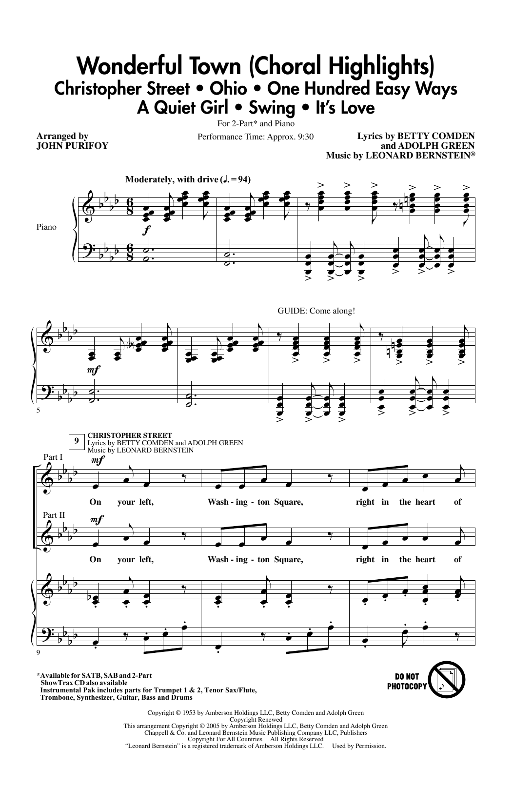 Leonard Bernstein Wonderful Town (Choral Highlights) (arr. John Purifoy) Sheet Music Notes & Chords for 2-Part Choir - Download or Print PDF