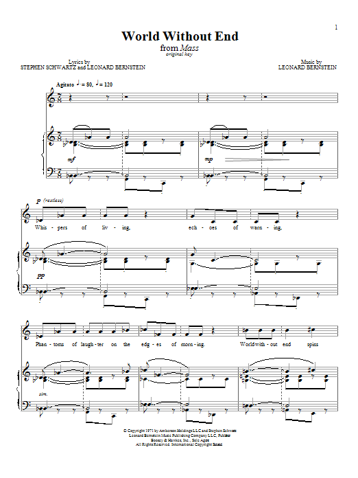 Leonard Bernstein World Without End Sheet Music Notes & Chords for Piano, Vocal & Guitar (Right-Hand Melody) - Download or Print PDF