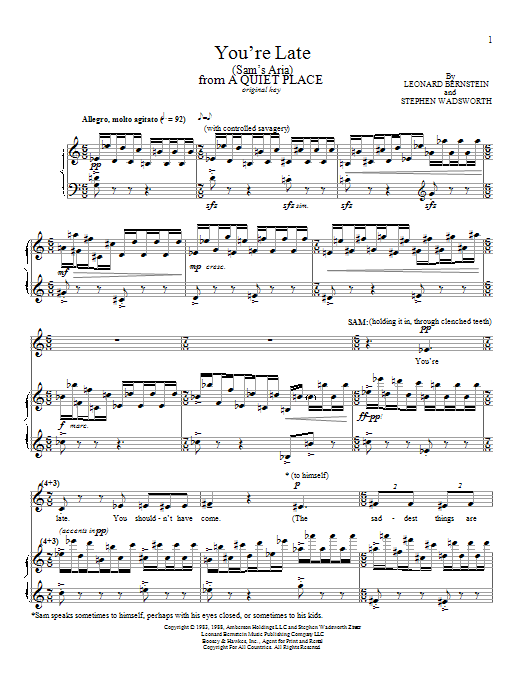Leonard Bernstein You're Late (Sam's Aria) Sheet Music Notes & Chords for Piano & Vocal - Download or Print PDF Leonard Bernstein You're Late (Sam's Aria) Sheet Music Notes & Chords for Piano & Vocal - Download or Print PDF