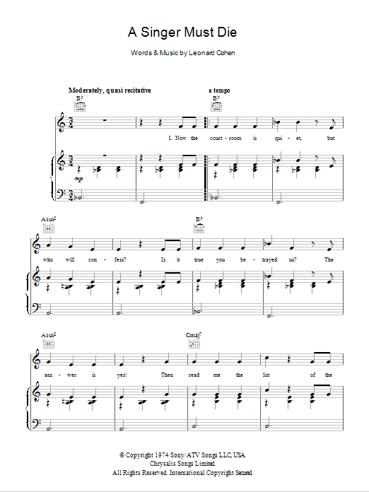 Leonard Cohen A Singer Must Die Sheet Music Notes & Chords for Piano, Vocal & Guitar (Right-Hand Melody) - Download or Print PDF