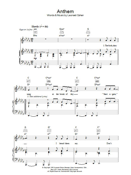 Leonard Cohen Anthem Sheet Music Notes & Chords for Lyrics & Chords - Download or Print PDF