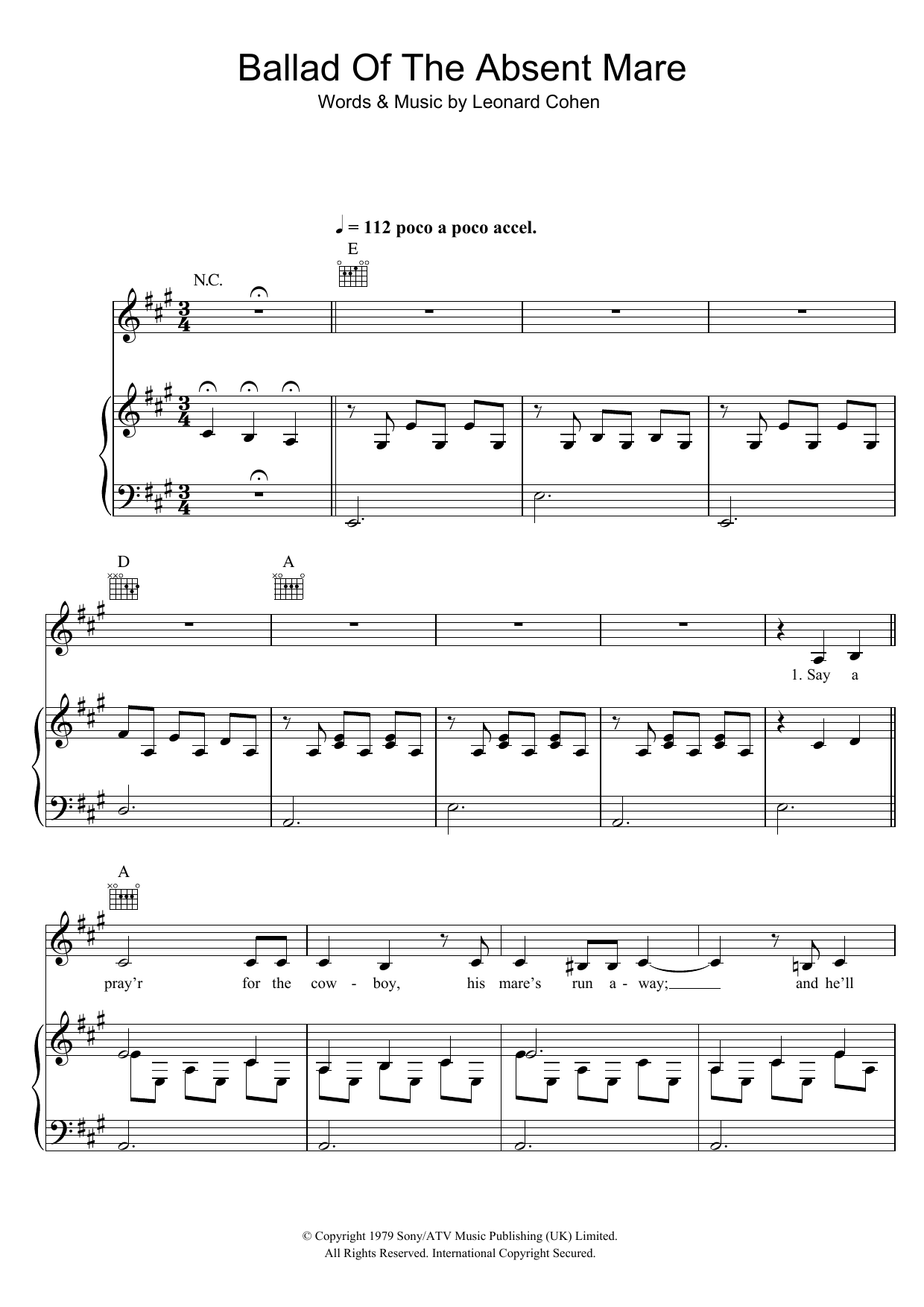 Leonard Cohen Ballad Of The Absent Mare Sheet Music Notes & Chords for Piano, Vocal & Guitar - Download or Print PDF