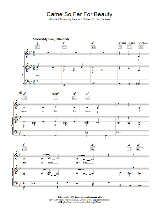 Leonard Cohen Came So Far For Beauty Sheet Music Notes & Chords for Piano, Vocal & Guitar (Right-Hand Melody) - Download or Print PDF