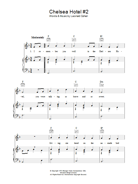 Leonard Cohen Chelsea Hotel #2 Sheet Music Notes & Chords for Lyrics & Chords - Download or Print PDF