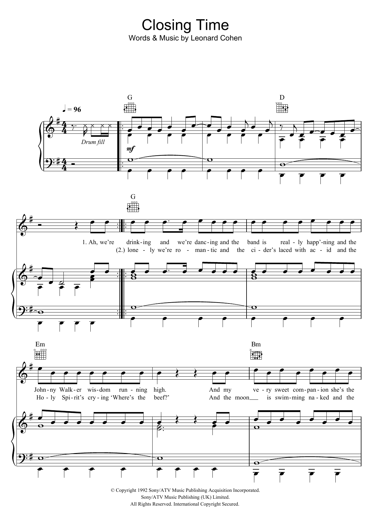 Leonard Cohen Closing Time Sheet Music Notes & Chords for Lyrics & Chords - Download or Print PDF