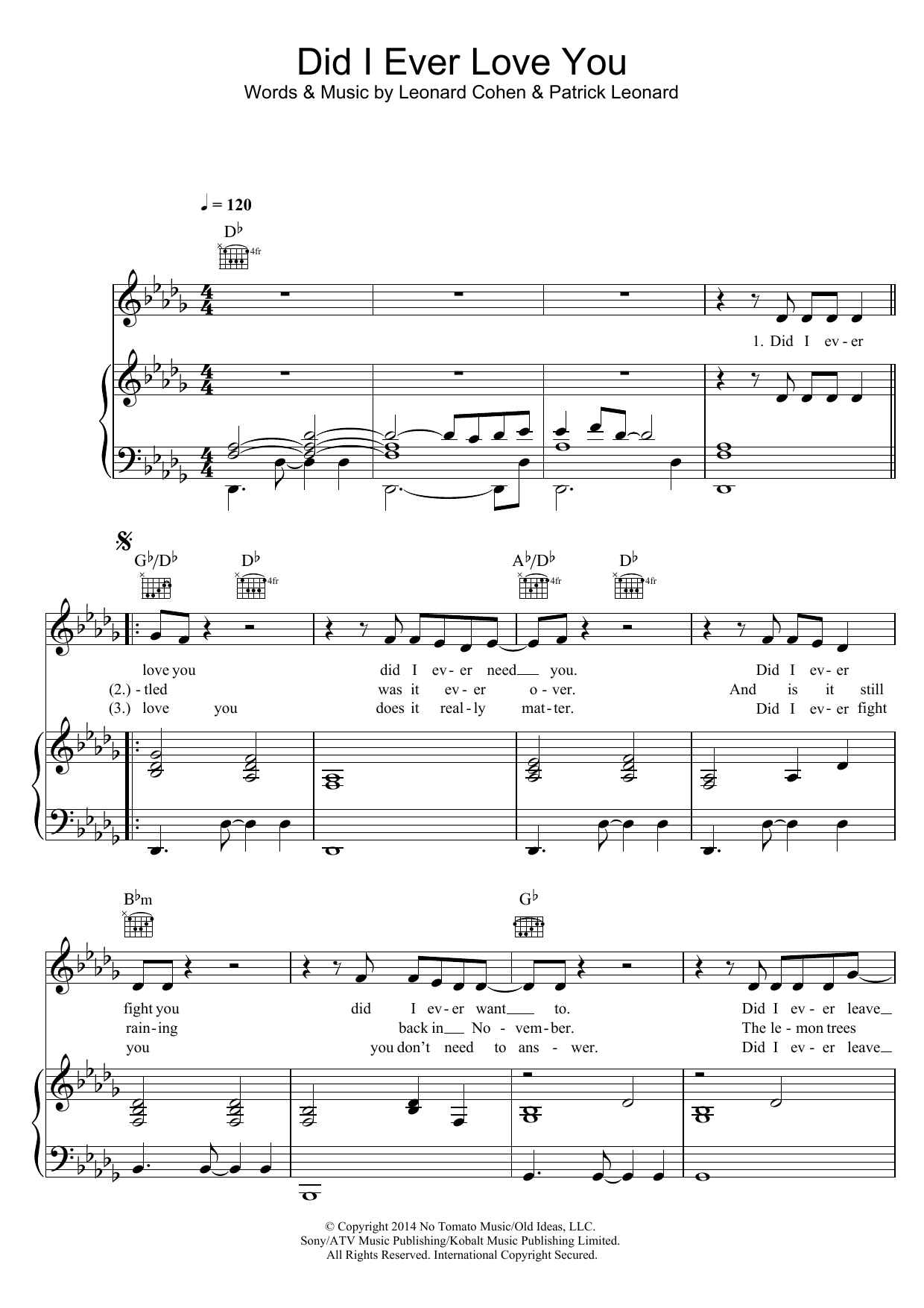Leonard Cohen Did I Ever Love You Sheet Music Notes & Chords for Piano, Vocal & Guitar (Right-Hand Melody) - Download or Print PDF